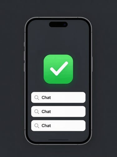 A clean modern smartphone screen displaying an automated chat booking flow, electric green confirmation checkmark, dark mode background, crisp tech photography