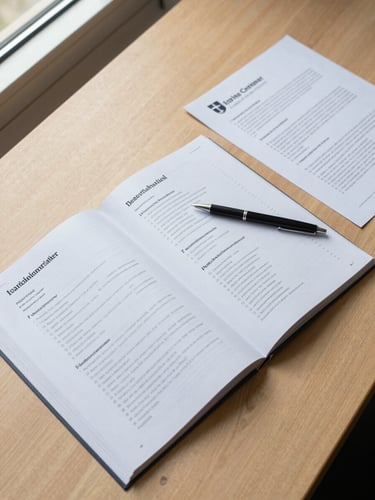Overhead flat-lay on a light wood desk: an open academic catalog, a printed course syllabus, a pen resting across the pages, and a folded institutional disclosure document, natural window light from the upper left, crisp institutional detail
