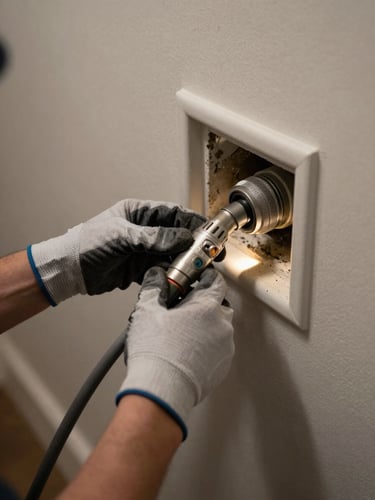 Close-up of a technician's gloved hands connecting a heavy-duty vacuum hose to a residential duct opening, task lighting illuminating visible dust and grime around the vent collar, shot at floor level inside a real home hallway