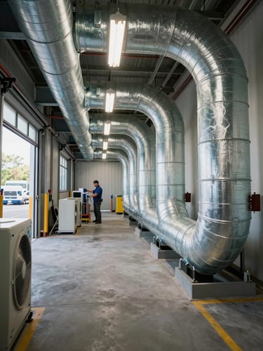 Wide shot of a commercial HVAC duct corridor in a light industrial space, overhead fluorescent task lighting revealing dust-coated duct surfaces, technician in work gear at the far end connecting equipment, natural light entering from a loading bay door on the left