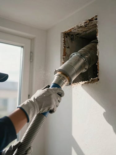 Close-up wide shot of a technician's gloved hands gripping a large vacuum hose inserted into a residential duct opening, natural daylight streaming from a nearby window, dust particles visible in the air, gritty duct interior visible in frame — shot from low angle emphasizing the scale of the equipment against the wall