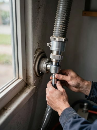 Close-up of a truck-mounted vacuum hose connected to a residential duct opening, natural daylight from a nearby window, visible grey dust and debris coating the interior duct walls, technician's hands securing the hose fitting