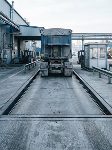 Industrial heavy-duty truck scale, steel platform, technical daylight, sharp focus, cool blue tones, professional engineering depth.