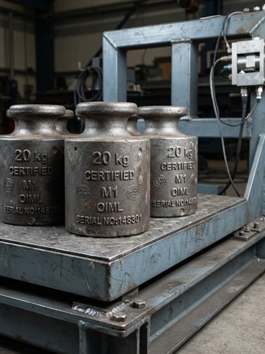 Close-up of industrial heavy-capacity scale steel structure with large certified cast iron standard weights placed on top, sharp focus, cool daylight, engineering precision