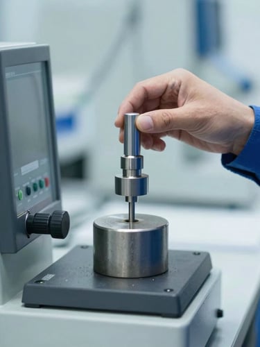 Close-up of a certified technical specialist in a clean uniform adjusting high-precision standard weights on a laboratory balance, cool technical lighting