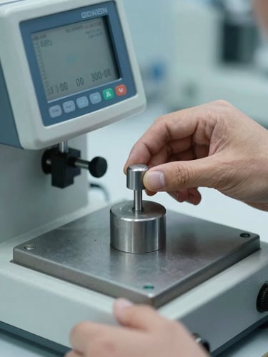 Close-up of a calibration technician placing a certified standard steel weight on a high-precision laboratory balance, cool technical studio lighting