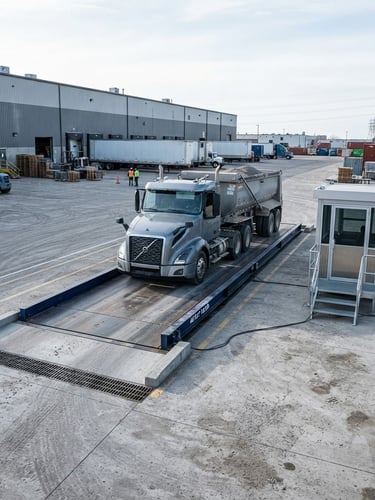 Wide industrial shot of a modern heavy-duty truck scale installed in a concrete logistics yard, sharp focus, cool daylight, steel grey tones