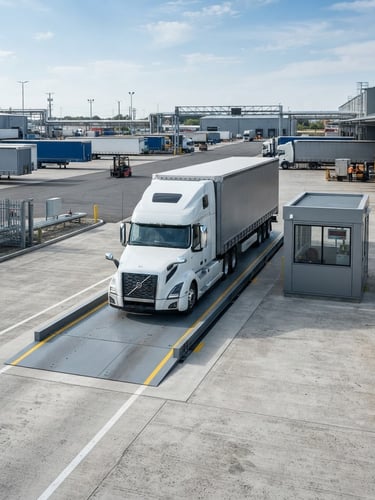 Wide environmental shot of a modern heavy-duty truck scale installed at an industrial logistics facility, crisp daylight, steel grey tones, sharp focus
