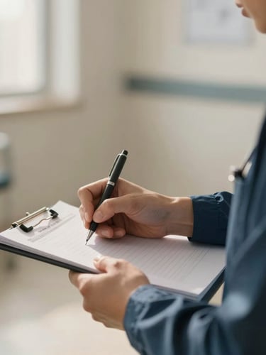 Close-up of professional hands writing notes on clinical materials in a modern clinical space, soft natural daylight, warm editorial photography.