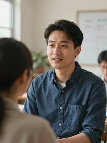 Medium close-up of an educator in a warm, collaborative learning environment, soft natural daylight, muted earth tones and deep blues, shallow depth of field.