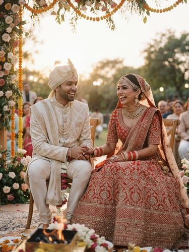Warm editorial portrait of Dhruv and Japneet laughing together during their golden hour wedding ceremony, soft 35mm film look.