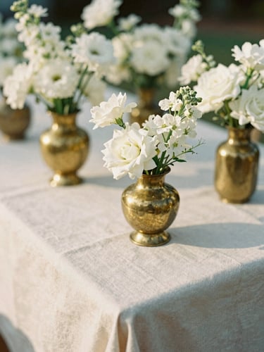 A close-up candid photo of wedding decorations, delicate white flowers and warm brass vessels sitting on a cream linen tablecloth, soft natural light.