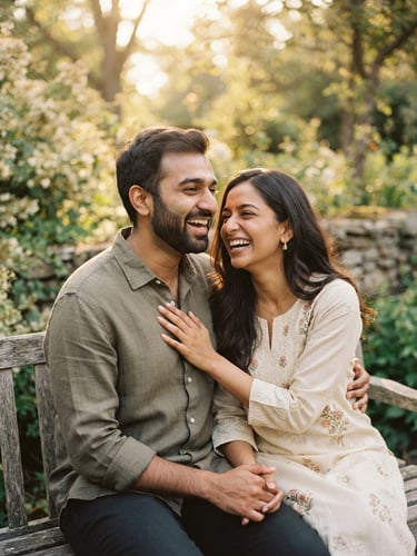 Warm editorial portrait of Dhruv and Japneet laughing together, soft golden-hour light filtering through, rich cream and muted taupe tones, cinematic depth of field, 35mm film look.