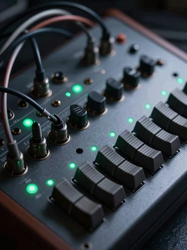 Extreme close-up of vintage analog synthesizer patch bays and tangled cables, glowing with faint bioluminescent green indicator lights, low-key high-contrast cold studio lighting.
