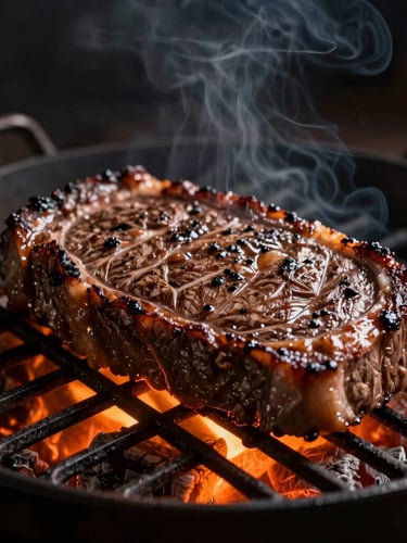 A close-up of premium Angus beef cuts sizzling over glowing orange quebracho embers on a traditional iron parrilla, dark moody lighting, deep shadows, rich amber tones, 35mm lens