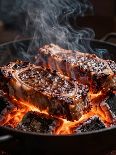 Close-up of thick prime Angus cuts sizzling on a traditional iron parrilla over glowing red quebracho embers, intense firelight, rising smoke, dark moody atmosphere