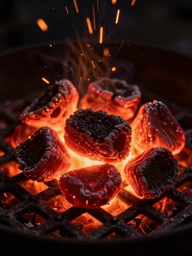 Macro shot of glowing red quebracho embers inside a dark iron grill, sparks flying, deep shadows, warm amber light, 35mm lens