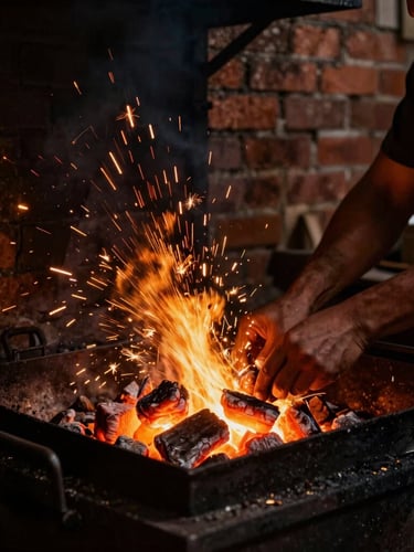 A focused parrillero adjusting glowing coals under a massive iron grill, sparks flying, warm amber glow illuminating his hands, deep shadows, rustic brick background