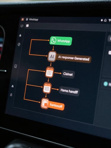 Close-up screen view of a dark dashboard interface showing an automation flow diagram: nodes connected by orange lines representing steps — WhatsApp message received, AI response generated, calendar slot confirmed, human handoff triggered. Soft screen glow illuminates the interface from within. The composition is tight on the center panel, with dark charcoal background and neon-orange data highlights on each node.