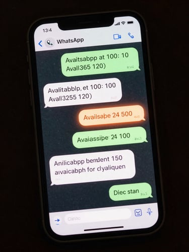 Close-up of a smartphone screen showing a WhatsApp conversation thread: a clinic patient sends a message asking to book an appointment, the AI assistant replies instantly with available times, the patient confirms a slot, and the assistant sends a calendar confirmation — all in clean chat bubbles on a dark phone UI, screen-lit with a soft neon-orange glow on the confirmation bubble, tight crop on the screen with dark background surrounding
