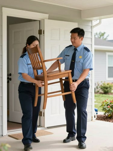 A polite, uniformed crew member carefully carrying a wooden chair out of a bright, clean, organized suburban home in Richmond Hill, natural daylight.