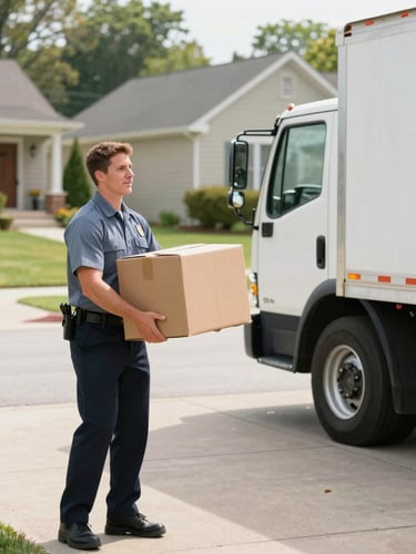 A polite, uniformed crew member carefully carrying a clean cardboard box near a professional truck parked on a neat Richmond Hill suburban driveway, bright natural daylight