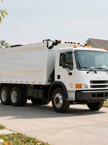 A clean white Hillside Environmental Hauling truck parked on a neat, sunny suburban driveway in Richmond Hill, bright natural daylight, soft warm tones, professional setting