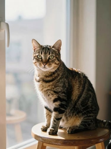 Candid eye-level photo of a tabby cat sitting on a wooden stool in a sunlit apartment, warm natural window light, shallow depth of field, 35mm