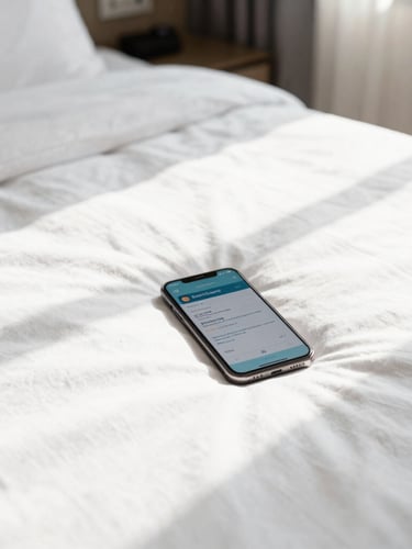 Sunny bright hotel room details with morning light spilling across a neatly made bed and a smartphone displaying a travel confirmation, 35mm
