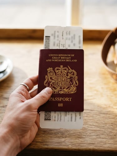 First-person perspective of a hand holding a passport and a boarding pass over a clean wooden table, warm natural sunlight, 35mm photography