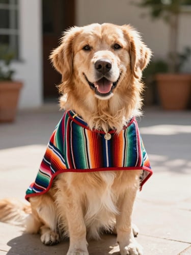 A happy fluffy golden retriever wearing a colorful woven Mexican-style pet poncho, sitting in bright warm daylight on a sunny patio, eye-level shot, shallow depth of field, 35mm