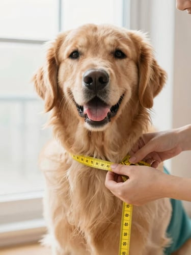 Hands of a smiling owner gently measuring a happy golden retriever with a yellow tape measure, soft natural window light, cheerful warm tones, shallow depth of field, 35mm