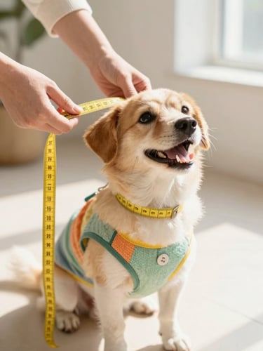 Bright natural light photography of a happy small dog being gently measured with a soft yellow measuring tape by its owner, warm cheerful tones, shallow depth of field, 35mm