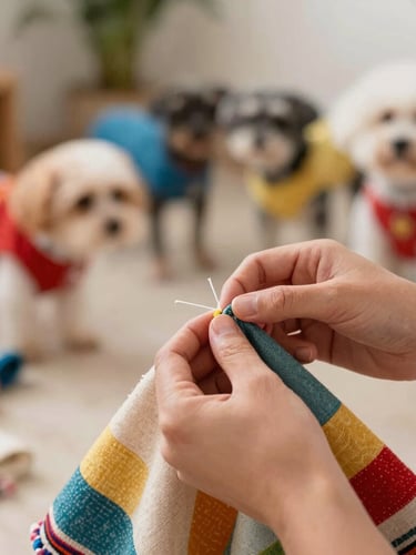 Warm natural light close-up of artisan hands carefully stitching a colorful fabric pet poncho, soft textures, cheerful Mexican workshop background, shallow depth of field, 35mm