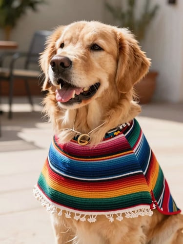 Eye-level shot of a happy golden retriever wearing a colorful handmade Mexican dog poncho, sitting in a bright sunlit patio, warm natural light, shallow depth of field, 35mm