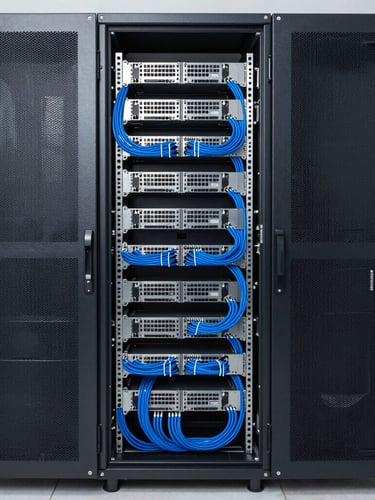 Straight-on structured wide shot of a server rack with neat blue cabling, clean industrial utility lighting, crisp focus, 35mm lens