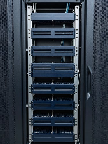 Straight-on structured view of neat server rack cabling in cool natural daylight, deep navy tones, sharp focus.