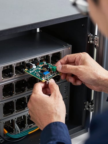 Hands-on hardware installation of network components by a technician, clean indoor utility lighting, sharp focus on physical tools.