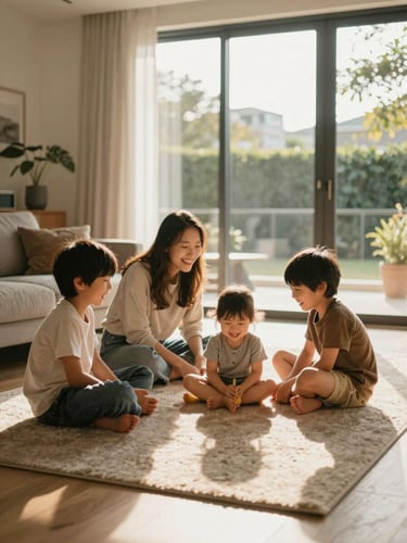 Warm natural sunlight streaming through a window of a modern home, a family laughing on a rug in the living room, shallow depth of field, 35mm lens style
