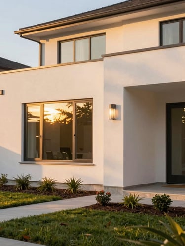 A bright, natural-light-filled modern home exterior, warm golden-hour sunlight reflecting off windows, clean architectural lines, welcoming front yard.