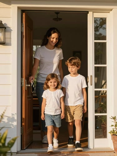 Warm editorial photography of a young family stepping through the front door of their sunlit home, keys in hand, shallow depth of field, golden hour light.