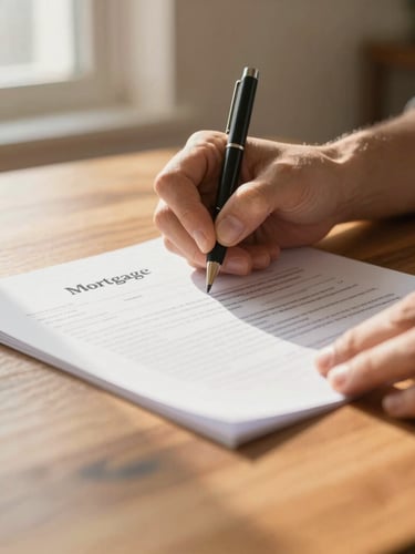 Close-up of hands signing clean mortgage documents on a wooden table, soft morning window light, shallow depth of field, warm tones