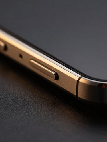 Macro close-up of a dark titanium smartphone edge, warm gold studio rim-light reflecting off polished metal, razor-sharp focus, dark editorial product photography, 85mm
