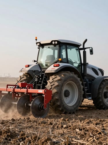 Side-profile portrait of a modern high-horsepower tractor operating a heavy disc cultivator through dry soil, dust rising behind the machine, early morning low light