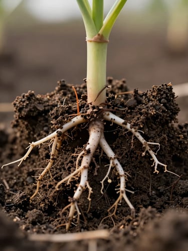Macro close-up of winter cover crop roots stabilizing dark loam soil structure, early morning directional light, shallow depth of field.