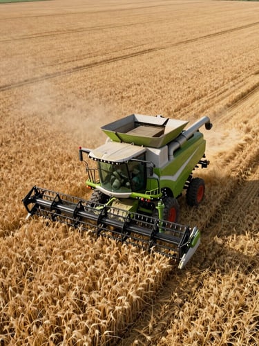 Wide-angle aerial drone view of a massive modern GPS-guided green combine harvester cutting clean lines through a golden wheat field under overcast morning light.