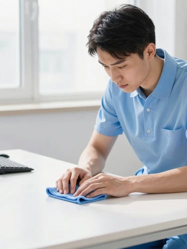 Professional cleaning crew member in uniform, carefully inspecting a freshly cleaned office desk with a microfiber cloth, bright natural light, crisp white and soft blue tones, sharp focus, 35mm lens.
