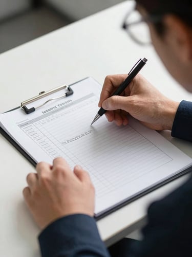 Over-the-shoulder shot of a business owner writing on a structured operations worksheet during an offline training session, bright daylight, high contrast.