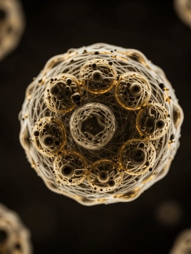 Macro photography of microscopic extracellular vesicles, high-contrast low-key lighting, deep black and metallic gold tones, sharp scientific detail, 85mm
