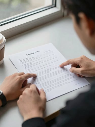 Over-shoulder view of two people reviewing a printed loan document on a desk, natural daylight from a side window, hands pointing to specific lines on the page, coffee cup visible at the edge, no faces shown